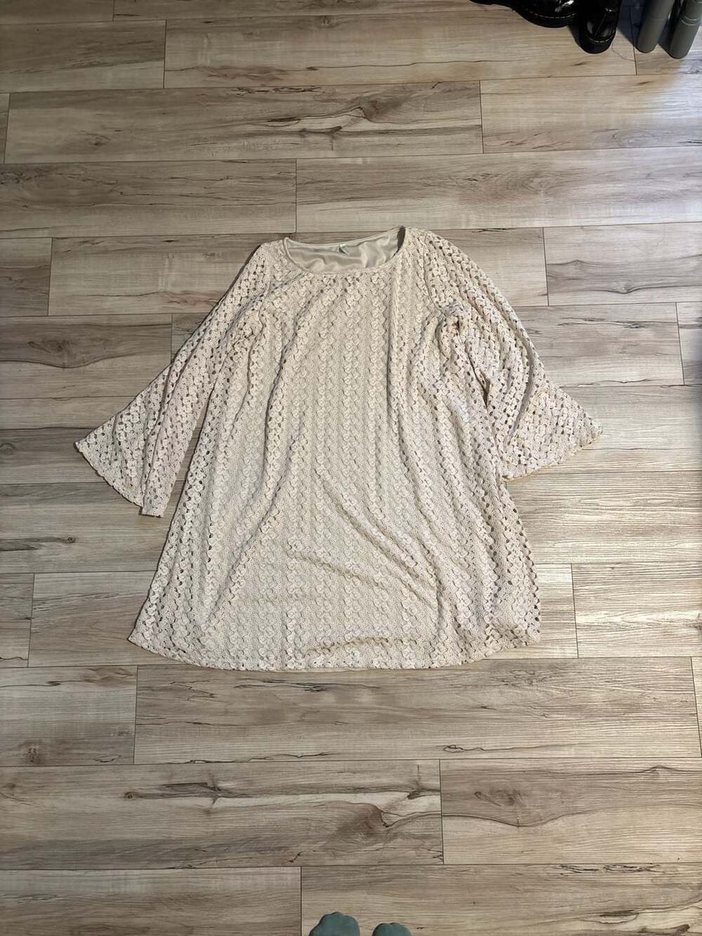 PinkBlush Ivory Crocheted Long Bell Sleeve Maternity Trapeze Mini Dress